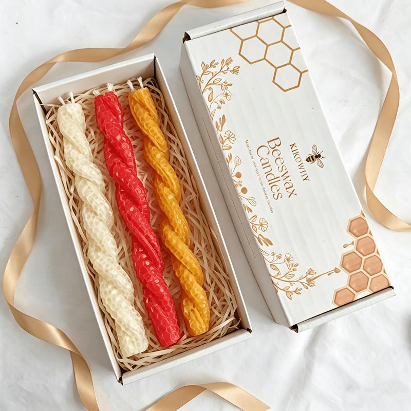 빨간색과 노란색이 섞인 수제 꽈배기 모양의 밀랍 캔들  - Beeswax Taper Candle 리뷰 및 가격