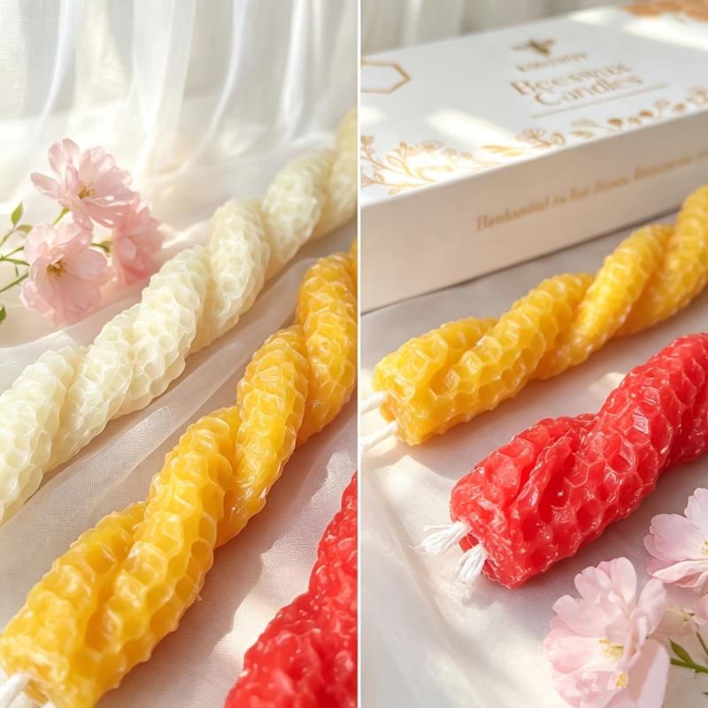 빨간색과 노란색이 섞인 수제 꽈배기 모양의 밀랍 캔들  - Beeswax Taper Candle 리뷰 및 가격